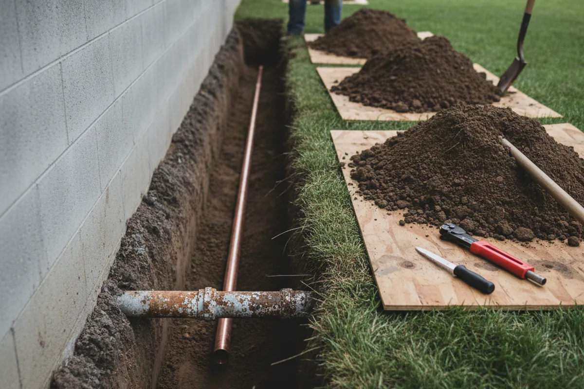 Excavated water line trench during Water Softener Installation in Fontana